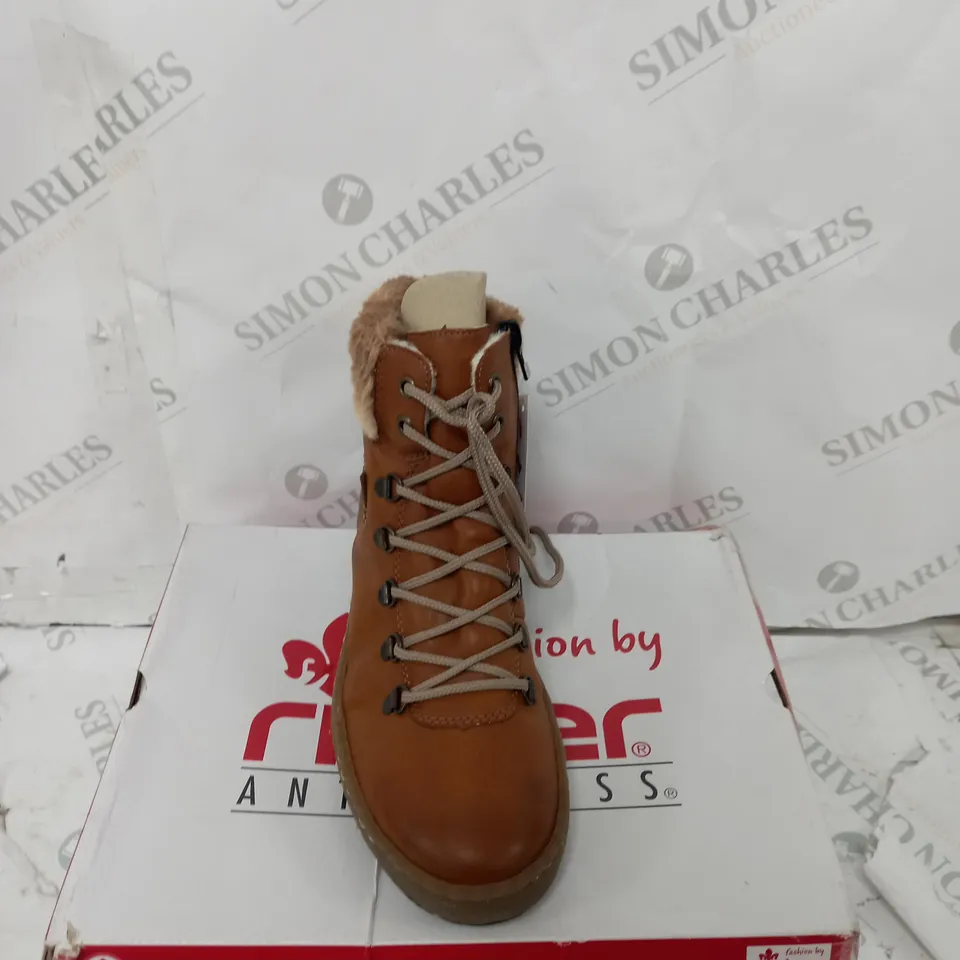 BOXED PAIR OF RIEKER LACE UP ANKLE BOOTS - TAN - UK SIZE 6