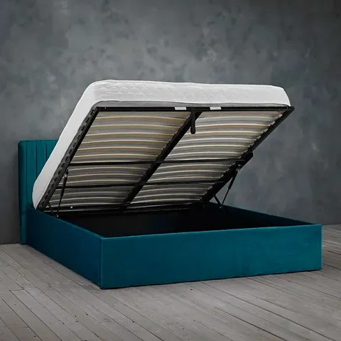 BOXED HUCKSLEY UPHOLSTERED DOUBLE BED FRAME TEAL (2 BOXES)