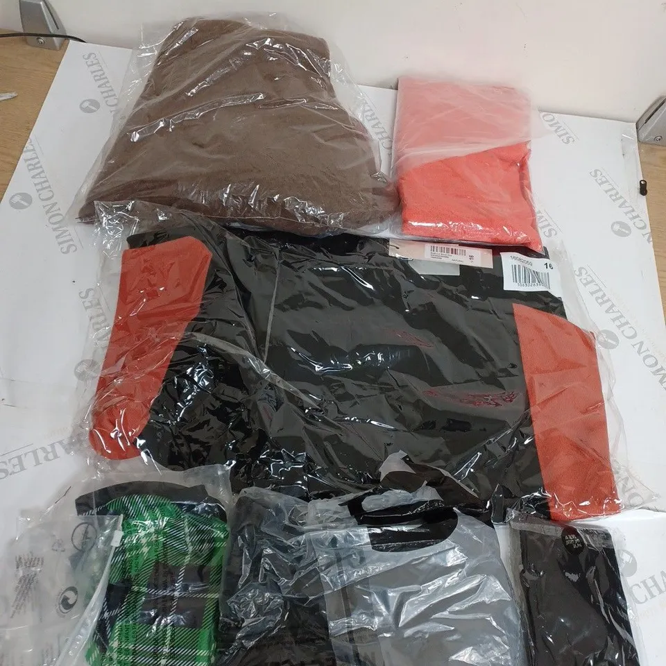 LARGE BOX OF ASSORTED CLOTHING ITEMS IN VARIOUS COLOURS AND SIZES INCLUDING TROUSERS , TOPS AND JUMPERS 