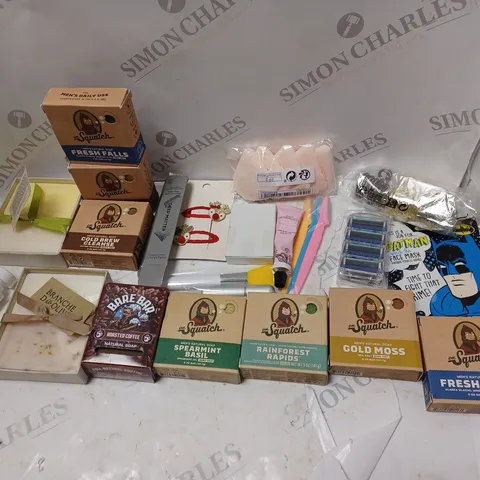 LOT OF BEAUTY PRODUCTS TO INCLUDE MENS NATURAL SOAPS, FACE RAZORS, ETC