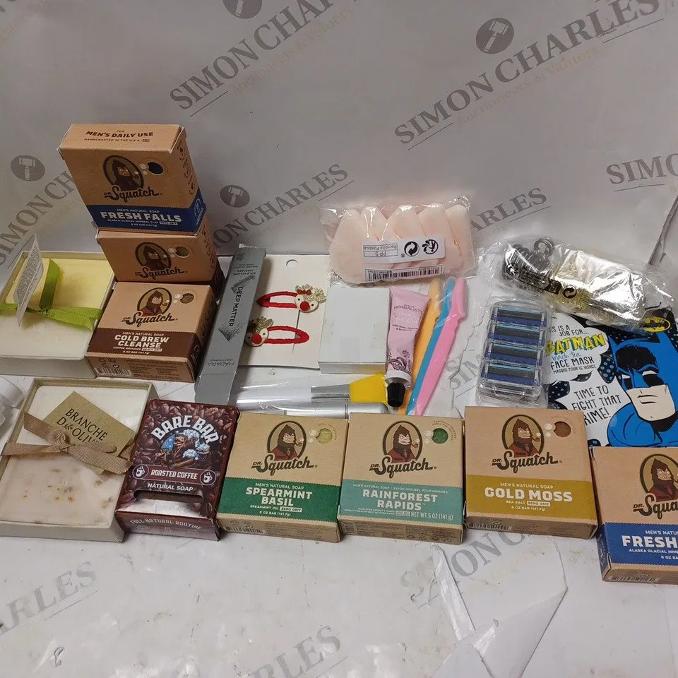 LOT OF BEAUTY PRODUCTS TO INCLUDE MENS NATURAL SOAPS, FACE RAZORS, ETC