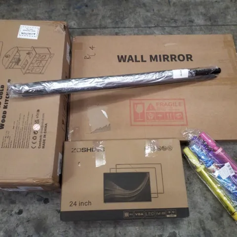 PALLET CONTAINING ASSORTED PRODUCTS INCLUDING WALL MIRROR, WOOD KITCHEN TOY SET, 24" MONITOR, BUBBLE WAND & UMBRELLA