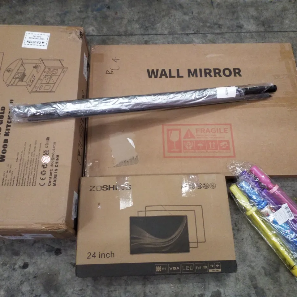 PALLET CONTAINING ASSORTED PRODUCTS INCLUDING WALL MIRROR, WOOD KITCHEN TOY SET, 24" MONITOR, BUBBLE WAND & UMBRELLA