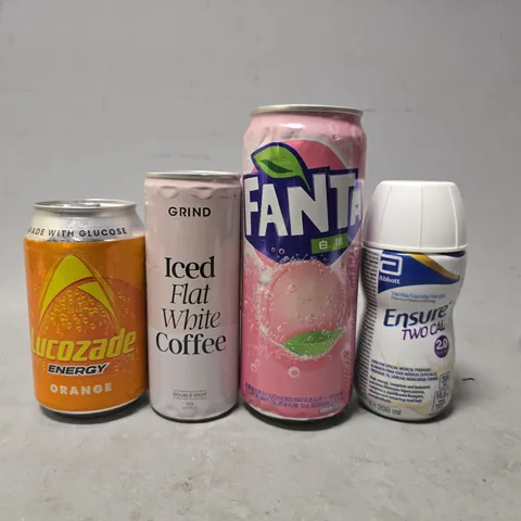 TOTE OF APPROXIMATELY 10 ASSORTED DRINKS ITEMS TO INCLUDE -FANTA , LUCOZADE , GRIND INCED FLAT WHITE COFFEE ETC