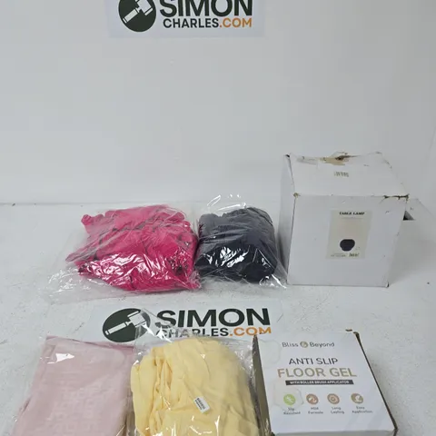 BOX OF APPROXIMATELY 15 ASSORTED ITEMS INCLUDING PINK BED SHEETS,  YELLOW &MAISIE TROUSERS AND BLISS & BEYOND ANTI SLIP FLOOR GEL