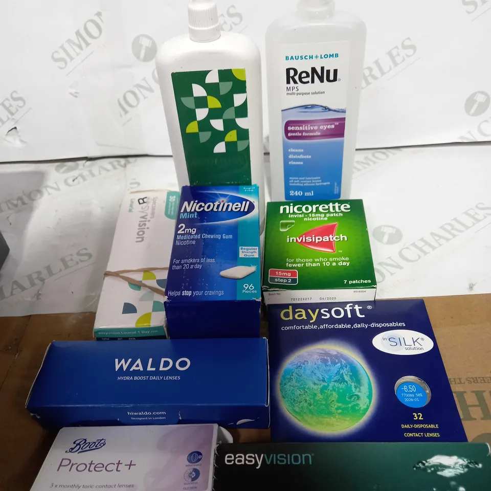 box of assorted medical appliances too include Nicorette patches , eye lenses and eye drops 