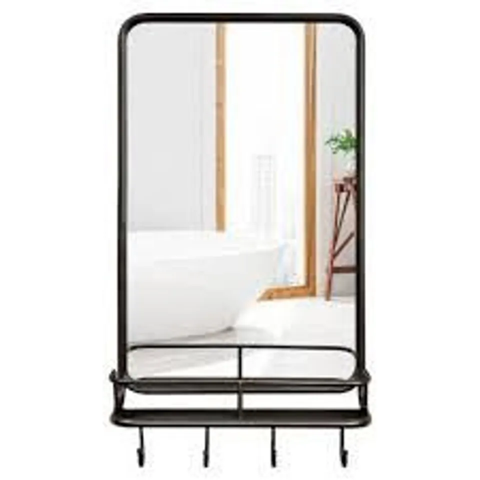 BOXED COSTWAY WALL BATHROOM MIRROR WITH SHELF HOOKS STURDY METAL FRAME (1 BOX)