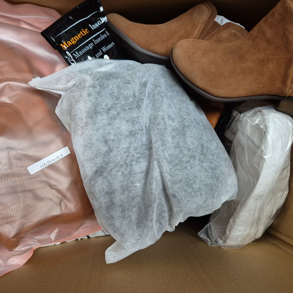 BOX OF APPROXIMATELY 15 ASSORTED PAIRS OF SHOES AND FOOTWEAR ITEMS IN VARIOUS COLOURS, STYLES, AND SIZES - COLLECTION ONLY