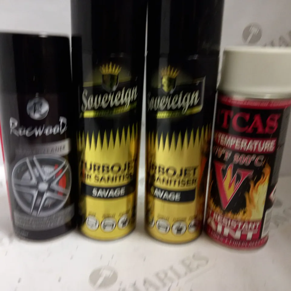 BOX OF APPROX 10 ASSORTED AEROSOLS INCLUDING SOVEREIGN AIR SANITISER, ROCWOOD BRAKE CLEANER AND VITCASE HEAT RESISTANT PAINT - COLLECTION ONLY