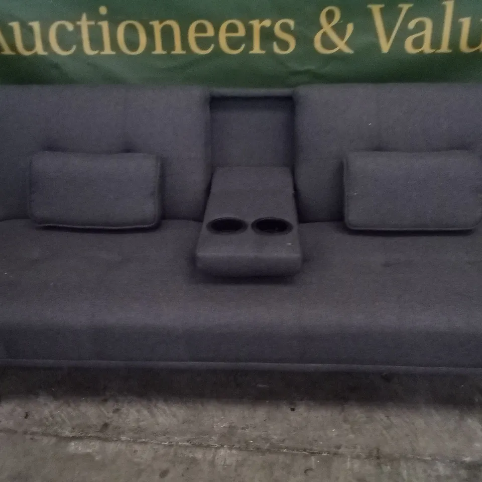 DESIGNER GREY FABRIC CLICK CLACK SOFABED WITH DRINKS HOLDER AND CHROME FEET
