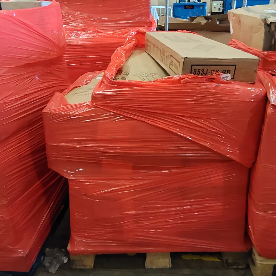 PALLET OF ASSORTED ITEMS INCLUDING: METAL SINGLE BED, TV BENCH WITH STORAGE 