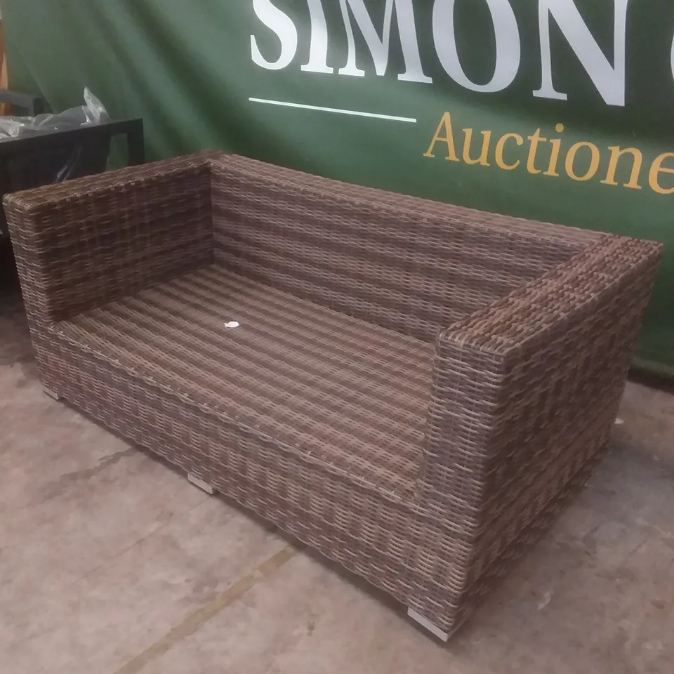 RATTAN EFFECT 2 SEATER GARDEN SOFA BROWN