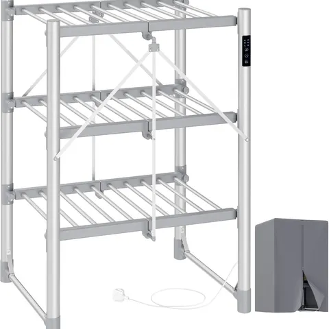 BOXED SONGMICS 3-TIER LARGE ELECTRIC CLOTHES DRYER RACK, FOLDABLE, INDOOR DRYING FOR LAUNDRY, CONTROL PANEL, WITH FABRIC COVER, ALUMINIUM ALLOY, SILVER
