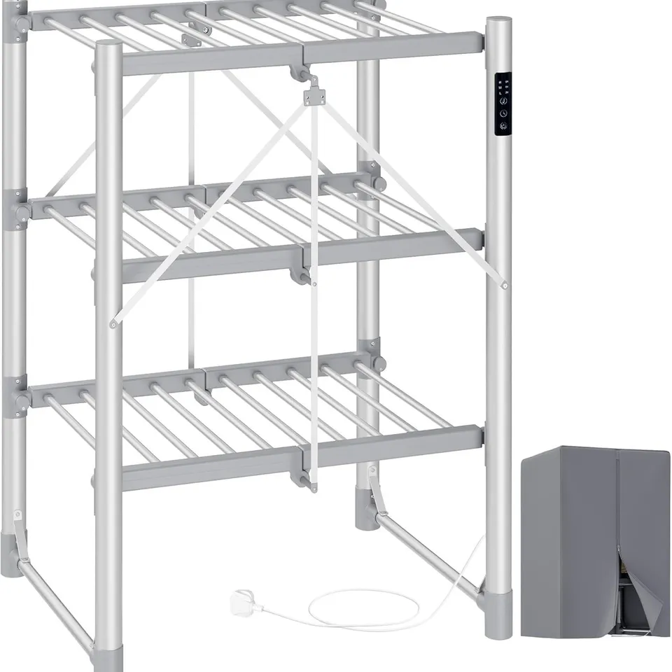 BOXED SONGMICS 3-TIER LARGE ELECTRIC CLOTHES DRYER RACK, FOLDABLE, INDOOR DRYING FOR LAUNDRY, CONTROL PANEL, WITH FABRIC COVER, ALUMINIUM ALLOY, SILVER