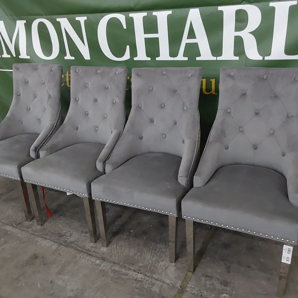 SET OF FOUR UPHOLSTERED BUTTONED RING BACK DINING CHAIRS STUDDED DETAIL ON SILVER LEGS