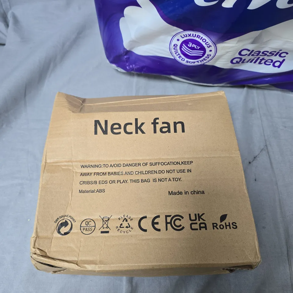 BOX OF ASSORTED ITEMS INCLUDING VELVET 24-ROLL CLASSIC QUILTED TOILET PAPER PACK + NECK FAN – MIXED HOUSEHOLD LOT