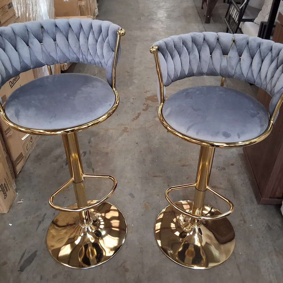 SET OF 2 ADJUSTABLE HEIGHT VELVET ELEGANT BAR STOOLS WITH GOLD BASE - DARK GREY