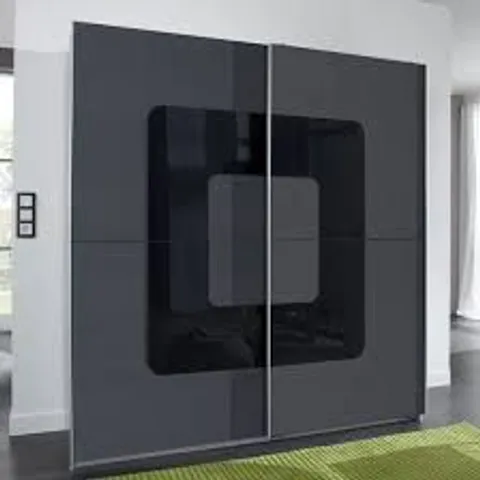 BRAND NEW BOXED CUBI SLIDING WARDROBE IN ANTHRACITE FRONT AND BLACK GLASS INSERT (5 BOXES)