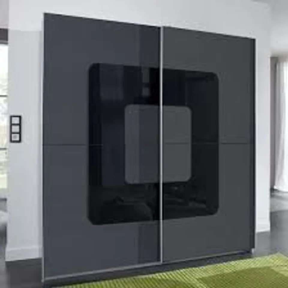 BRAND NEW BOXED CUBI SLIDING WARDROBE IN ANTHRACITE FRONT AND BLACK GLASS INSERT (5 BOXES)