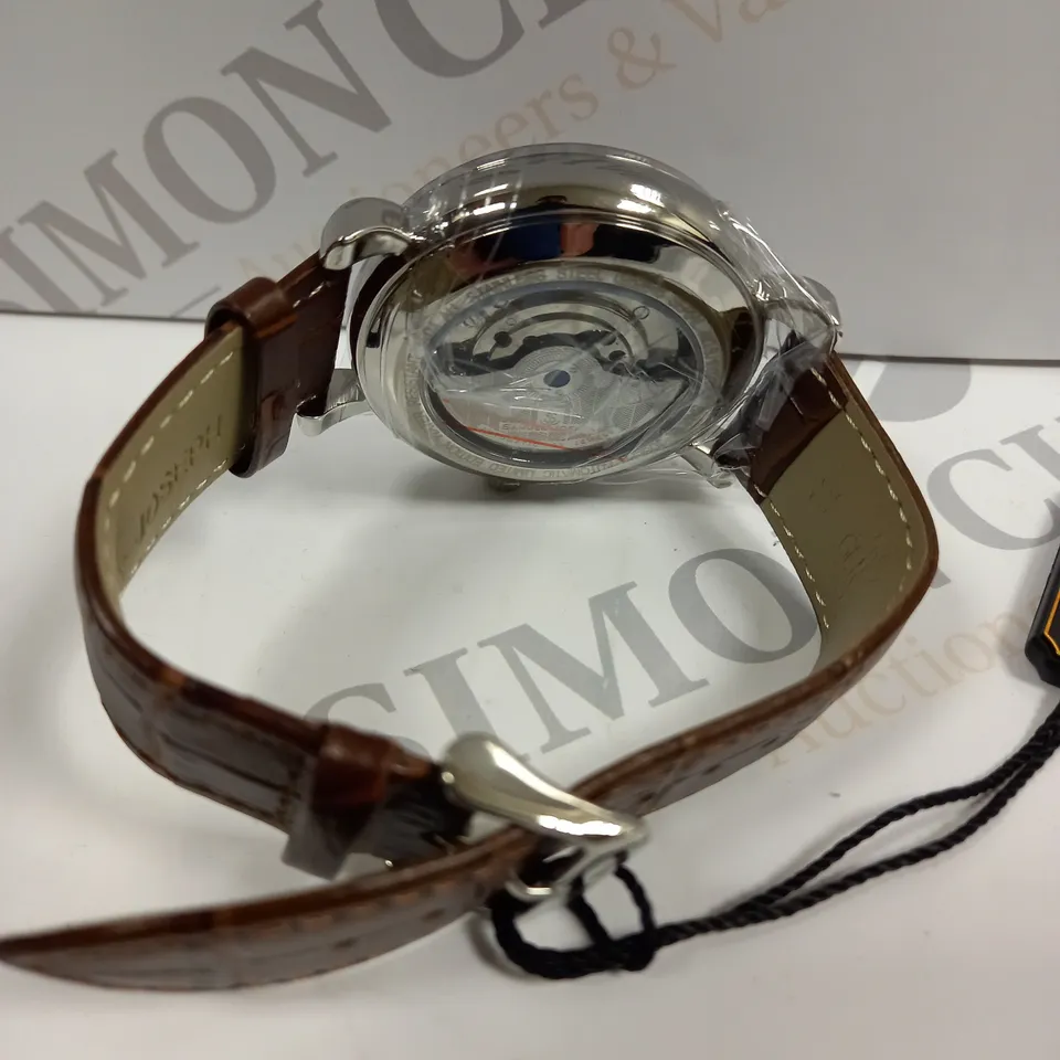 BOXED SAMUEL JOSEPH AUTOMATIC STEEL BROWN WATCH WITH LEATHER STRAP
