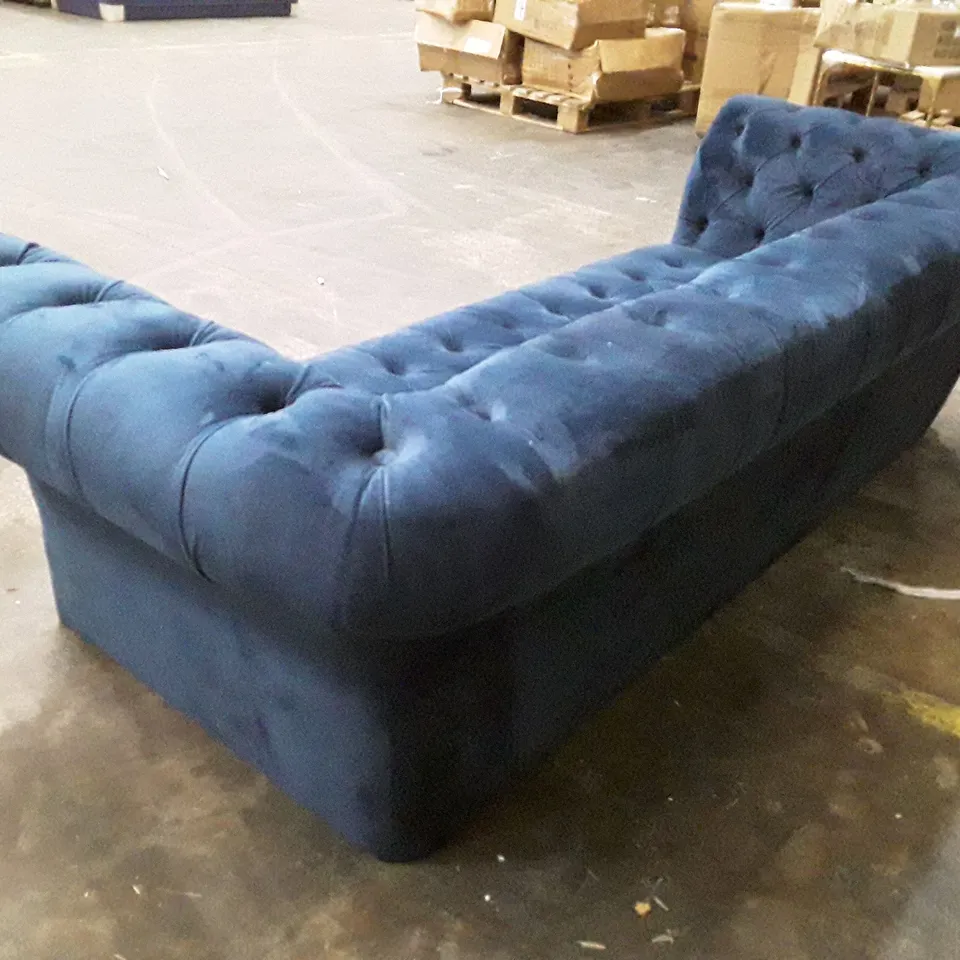 QUALITY DESIGNER MERCER 215CM VELVET SCROLL ARM CHESTERFIELD SOFA - BLUE VELVET FABRIC