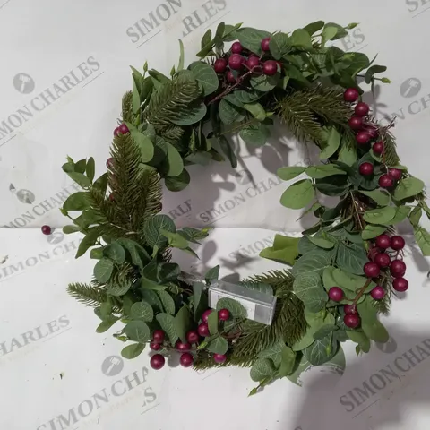 SARA DAVIES PRE-LIT FAUX EUCALYPTUS & BERRY WREATH