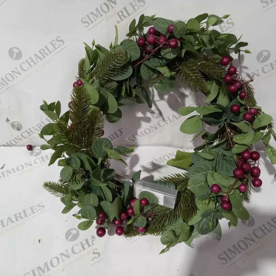 SARA DAVIES PRE-LIT FAUX EUCALYPTUS & BERRY WREATH