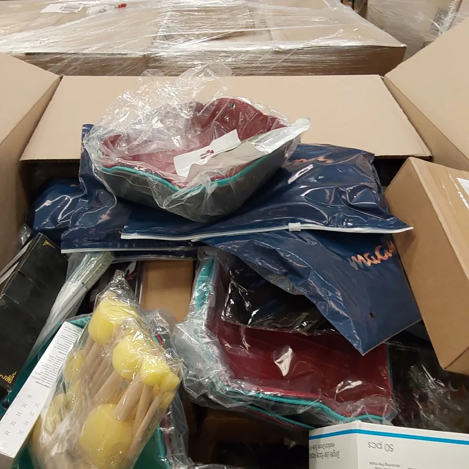 PALLET OF ASSORTED ITEMS INCLUDING, HALF FACE MASKS, EXPLODING KITTENS CARD GAME, EXPANDING FILE, SORRY BEAR, FOX COS PLAY TAIL, CHOPSTICKS, SILICONE AIR FRYER TRAYS, SPONGE PAINT STICKS, HAIRDRYER HO