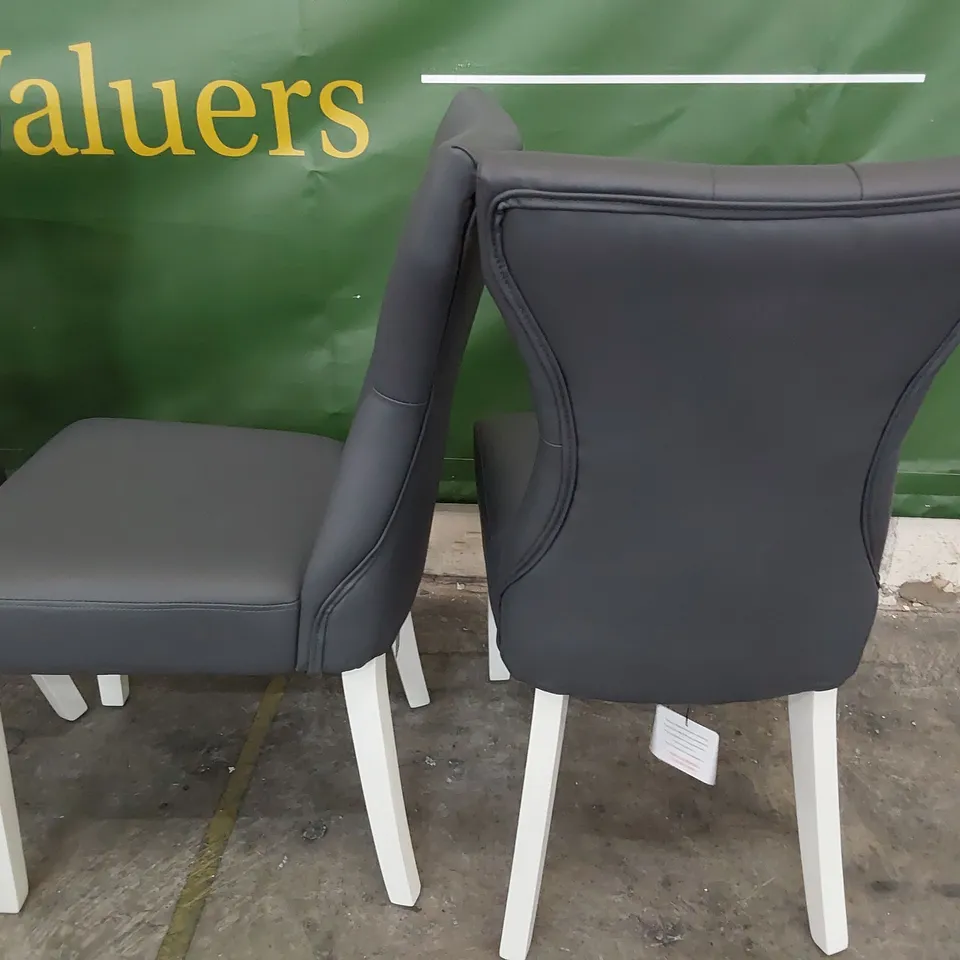 SET OF FOUR UPHOLSTERED BUTTONED BACK DINING CHAIRS GREY PU ON WHITE PAINTED LEGS 