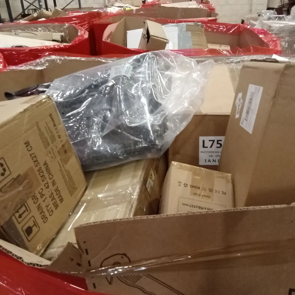 PALLET OF ASSORTED HOUSEHOLD GOODS AND PRODUCTS TO INCLUDE; GRAIN GRINDER, CEILING FAN WITH LIGHT, BOXED FURNITURE ETC