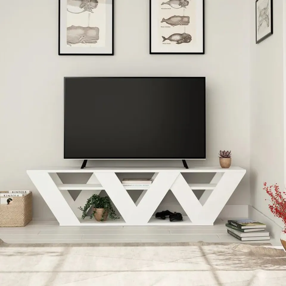 BOXED RALLA MODERN TV STAND MULTIMEDIA CENTRE WITH SHELVES 158CM IN WHITE (1 BOX)
