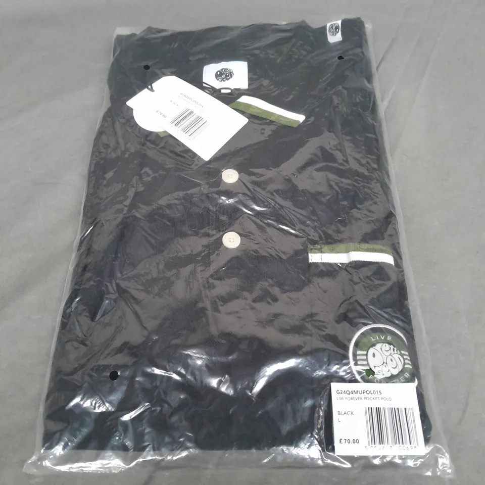 BAGGED PRETTY GREEN LIVE FOREVER POCKET POLO IN BLACK SIZE L