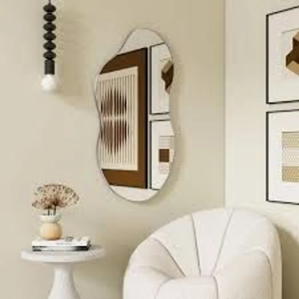BOXED ANTIQUE SILVER ASYMMETRICAL WAVY ANTIQUE ACCENT WALL MIRROR (1 BOX)