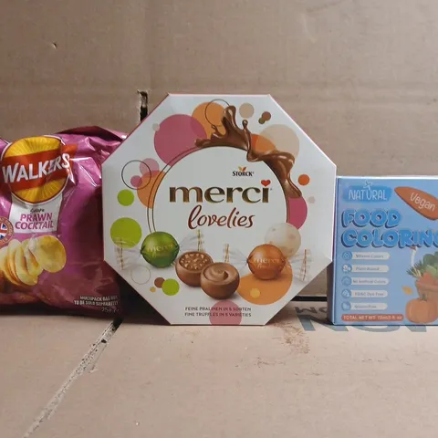 APPROXIMATELY 10 ASSORTED FOOD AND DRINK ITEMS TO INCLUDE FOOD COLOURING, WALKERS CRISPS, ETC
