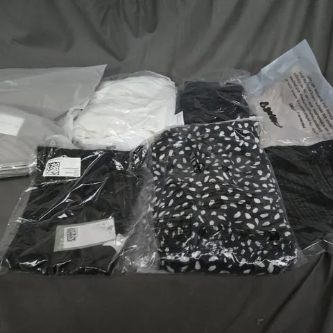 LARGE BOX OF ASSORTED CLOTHING ITEMS IN VARIOUS COLOURS, SIZES AND STYLES