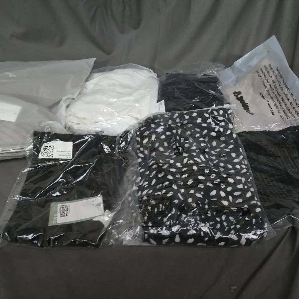 LARGE BOX OF ASSORTED CLOTHING ITEMS IN VARIOUS COLOURS, SIZES AND STYLES