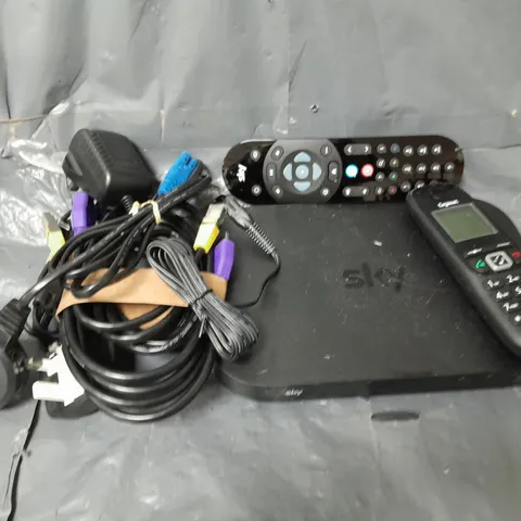 APPROXIMATELY 10 ASSORTED HOUSEHOLD ITEMS TO INCLUDE SKY BOX, TV REMOTE, WIRES, ETC