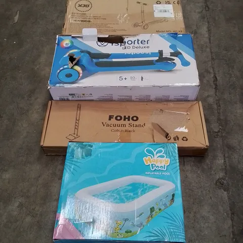 PALLET OF ASSORTED HOUSEHOLD GOODS AND PRODUCTS TO INCLUDE; INFLATABLE POOLS, KIDS SCOOTERS, VACUUM STAND, BOXED FURNITURE ETC 