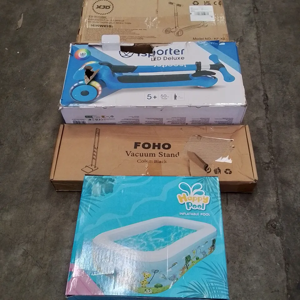 PALLET OF ASSORTED HOUSEHOLD GOODS AND PRODUCTS TO INCLUDE; INFLATABLE POOLS, KIDS SCOOTERS, VACUUM STAND, BOXED FURNITURE ETC 
