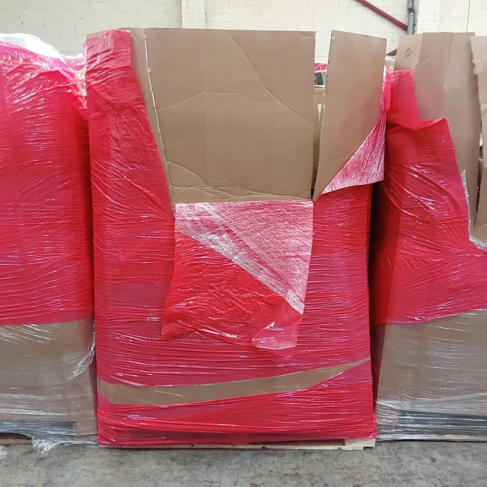 PALLET OF ASSORTED ITEMS INCLUDING: OFFICE CHAIR, TURNTABLE HI-FI SYSTEM WITH SPEAKERS, MASTICATING WHOLE FRUIT JUICER, FULL MOTION TV WALL MOUNT