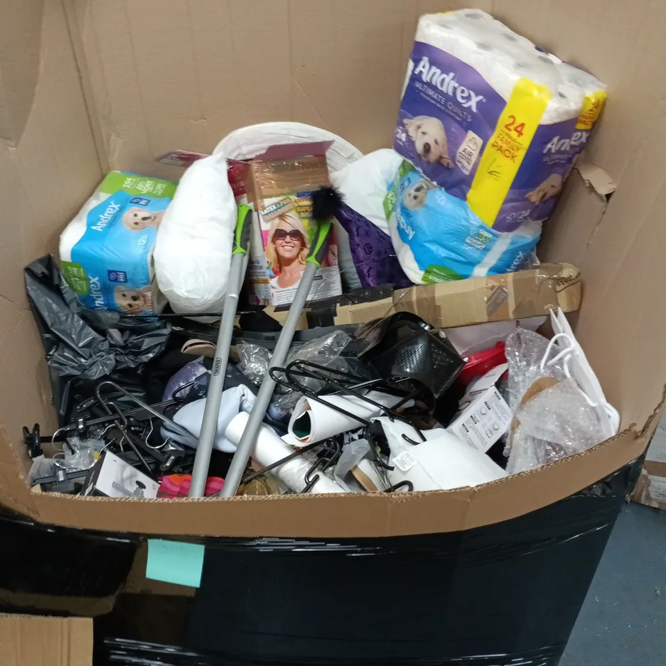 PALLET OF ASSORTED HOUSEHOLD ITEMS TO INCLUDE ANDREX TISSUE MULTIPACKS, DRAPER EDGE TRIMMER, PLASTIC STORAGE AND SEASONAL ITEMS
