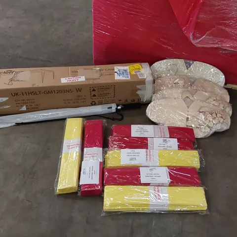 PALLET OF ASSORTED CONSUMER GOODS AND FURNITURE PRODUCTS TO INCLUDE; CANOPY TENT, WEDDING DECORATIONS, COLOURED CREPE PAPER, UMBRELLA ECT.