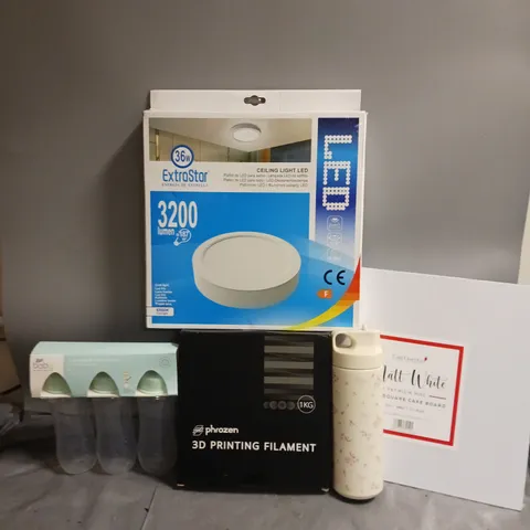 BOX OF APPROXIMATELY 7 ASSORTED ITEMS TO INCLUDE - SQUARE CAKE BOARD , 3D PRINTING FILAMENT , EXTRASTAR 3200 LUMEN ETC