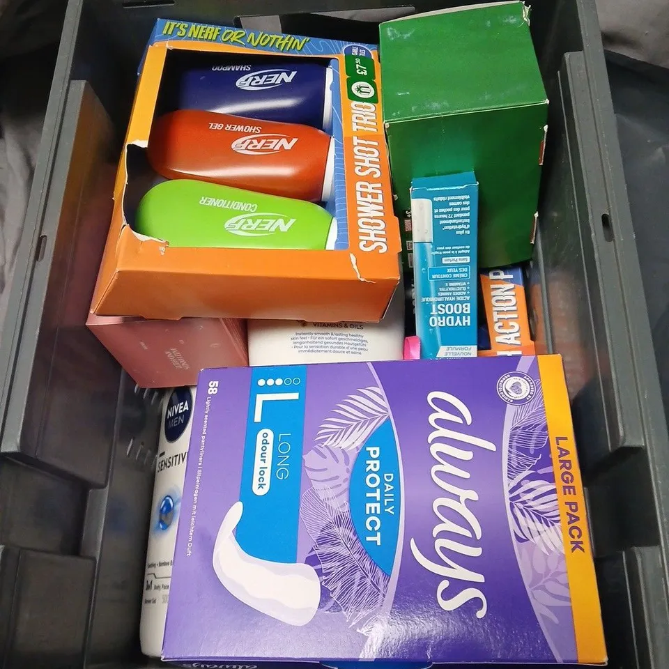 APPROXIMATELY 15 ASSORTED COSMETICS INCLUDING ALWAYS DAILY PROTECT, AVENGERS FRAGRANCE, NERF SHOWER GEL, NEUTROGENA HYDRO BOOST ETC