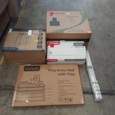 PALLET OF ASSORTED ITEMS INCLUDING: COOKER HOOD, PC CASE, DOG GRASS PAD, BLINDS, EXPOSED CISTERN ECT