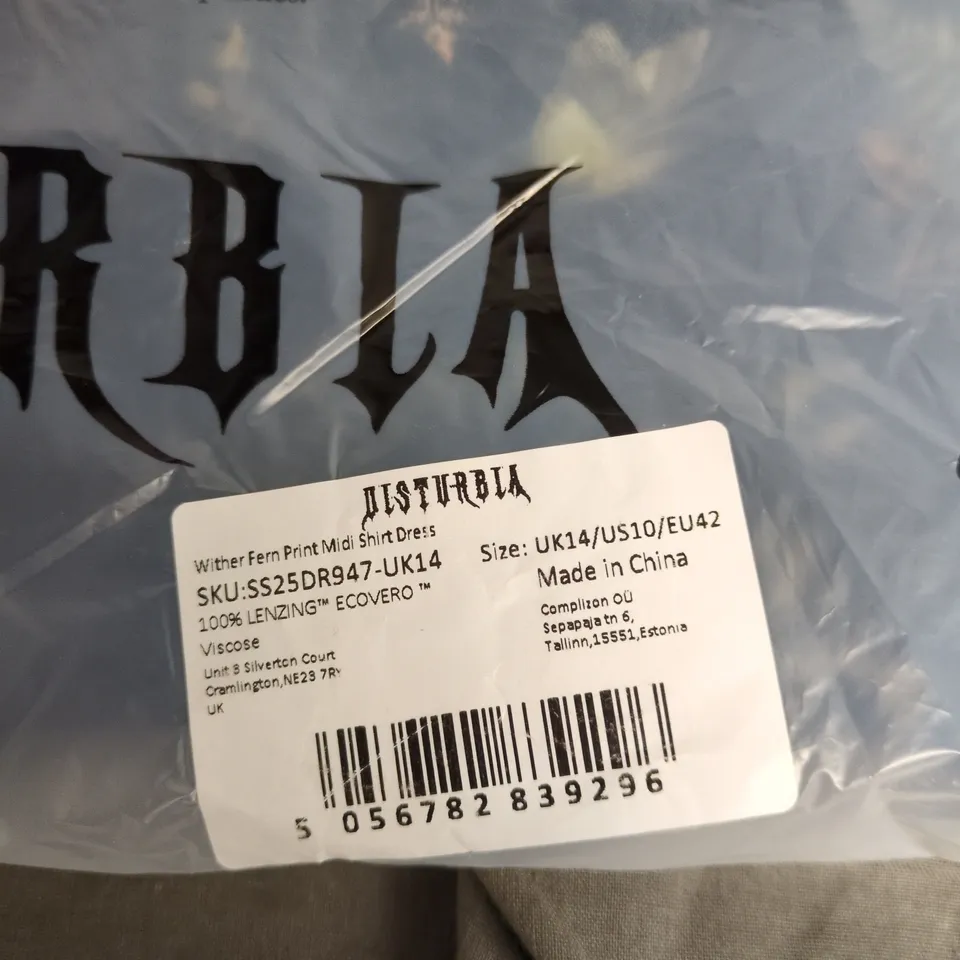 DISTURBIA WITHER FERN PRINT MIDI SHIRT DRESS – UK14