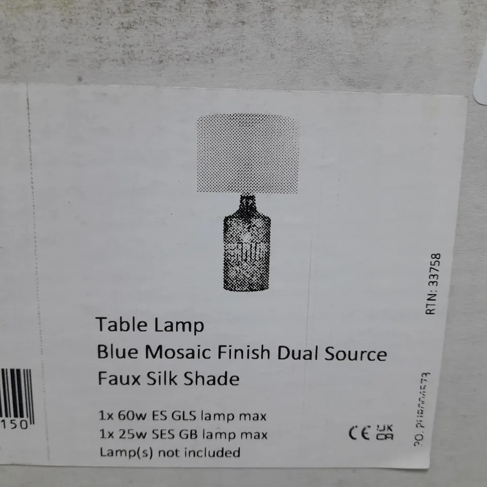 BOXED GURU TABLE LAMP WITH BLUE MOSAIC FINISH AND BLUE SHADE