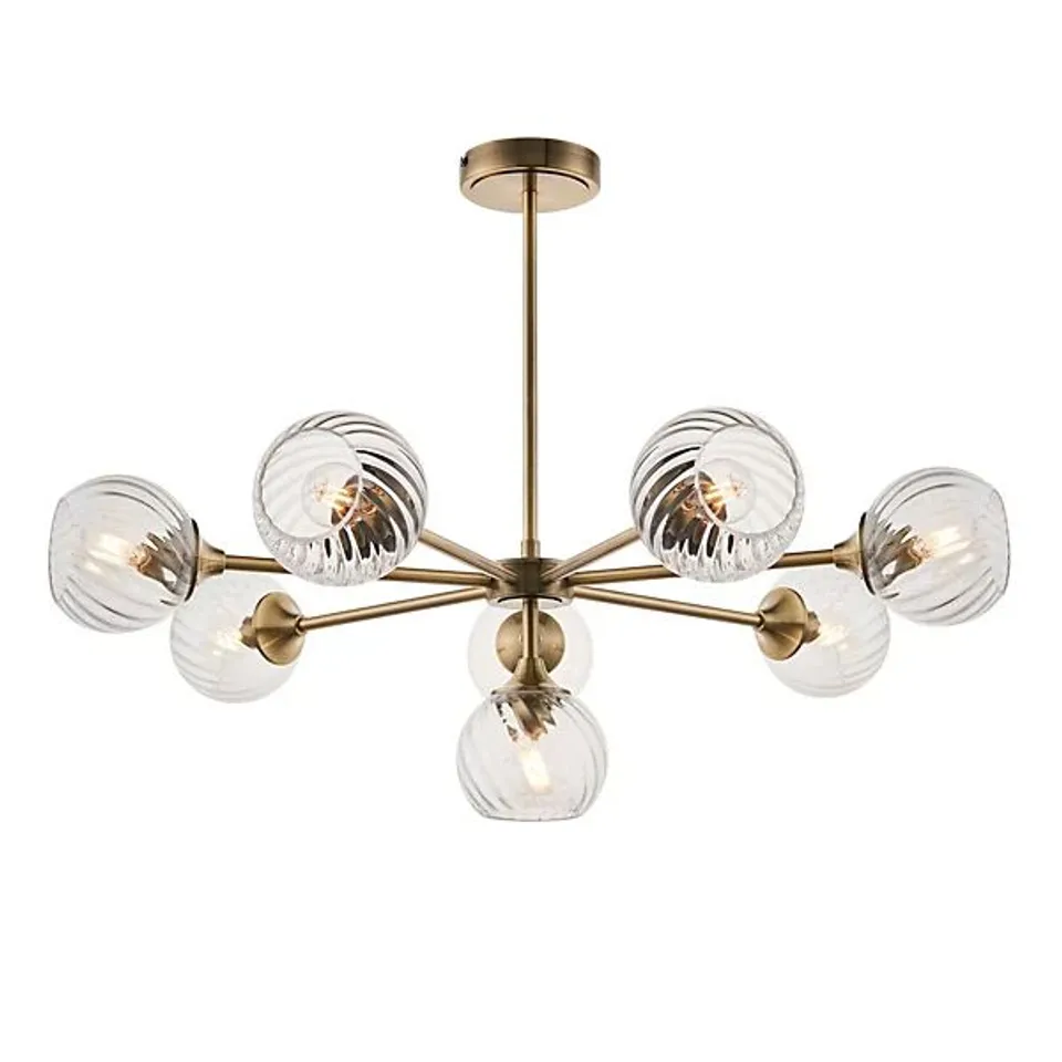 BOXED LUMINOSA ALLEGRA 8 LIGHT MULTI ARM GLASS SHADE CEILING PENDANT ANTIQUE BRASS
