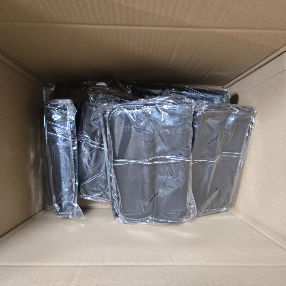 MAKEUP BRUSH SET IN BLACK LEATHER ROLL CASE, BOX OF APPROXIMATELY 10