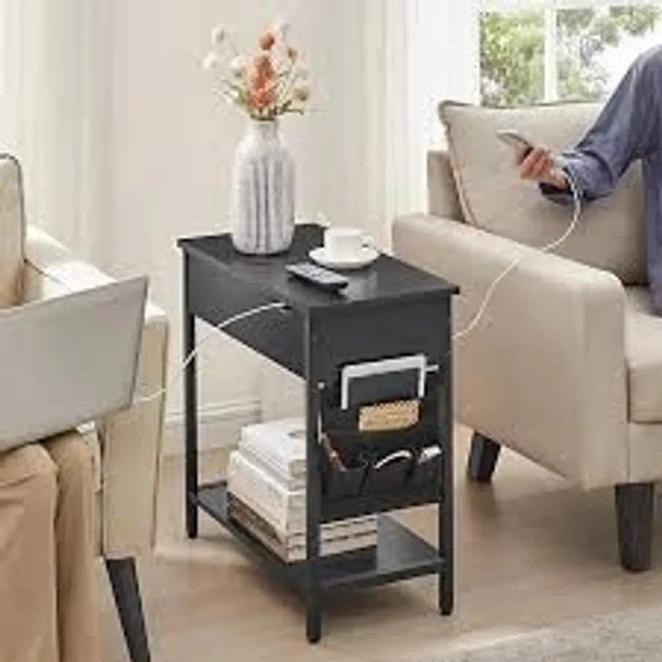 BOXED VASAGLE SLIM SIDE TABLE WITH CHARGING STATION - BLACK